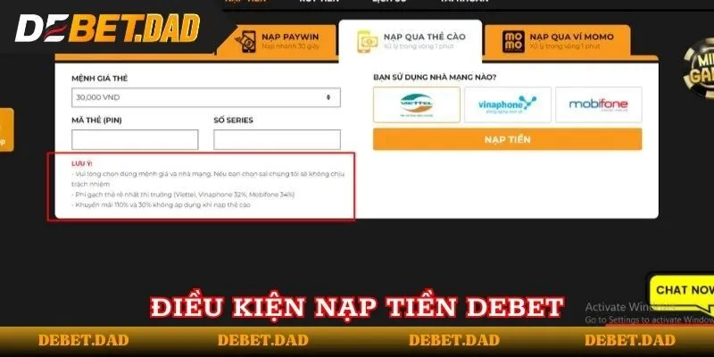 Điều kiện cần có trước khi nạp Debet Điều kiện cần có trước khi nạp Debet